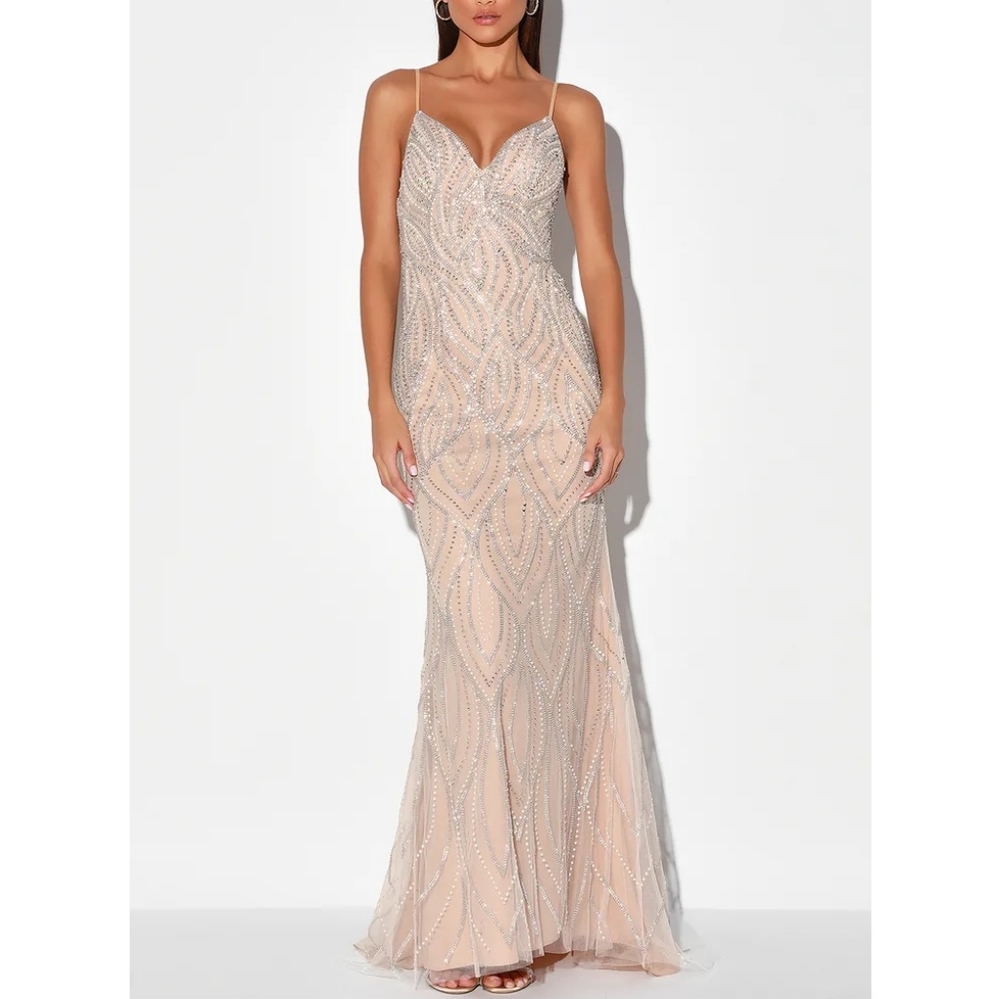Luxe of a Lifetime Beige Beaded Mermaid Maxi Dress - Picture 1 of 13